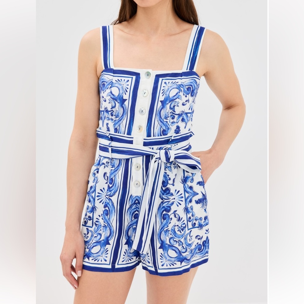 FARM Rio Blue and White Printed Belted Romper - Picture 3 of 9